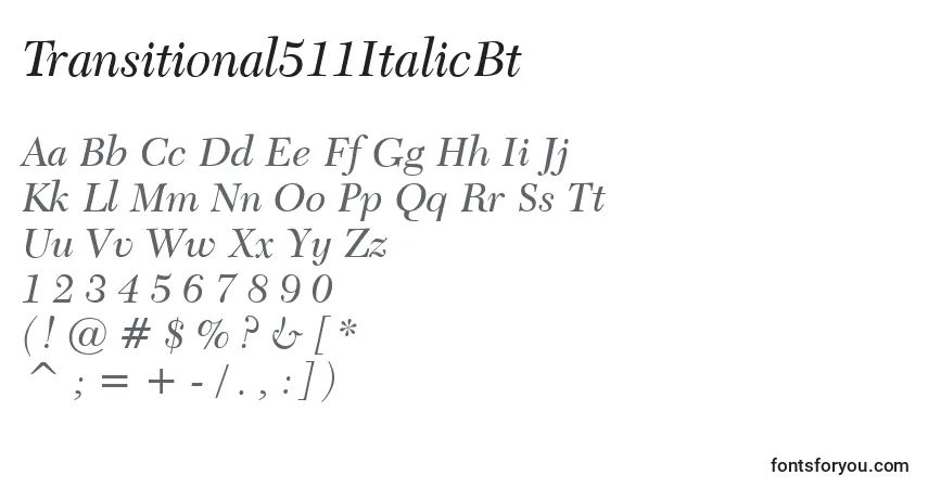 Czcionka Transitional511ItalicBt – alfabet, cyfry, specjalne znaki