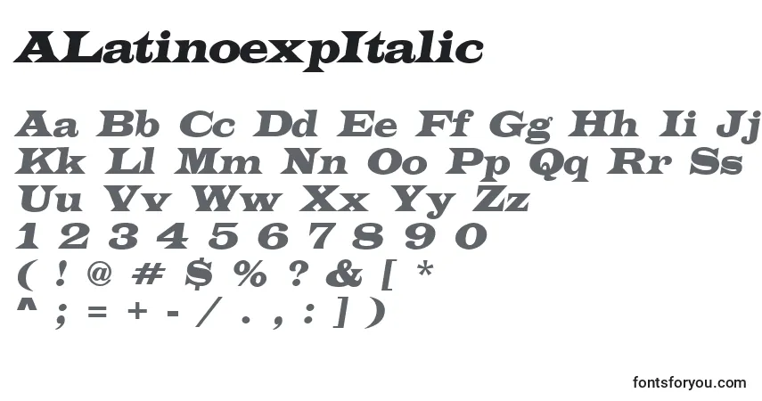 Czcionka ALatinoexpItalic – alfabet, cyfry, specjalne znaki