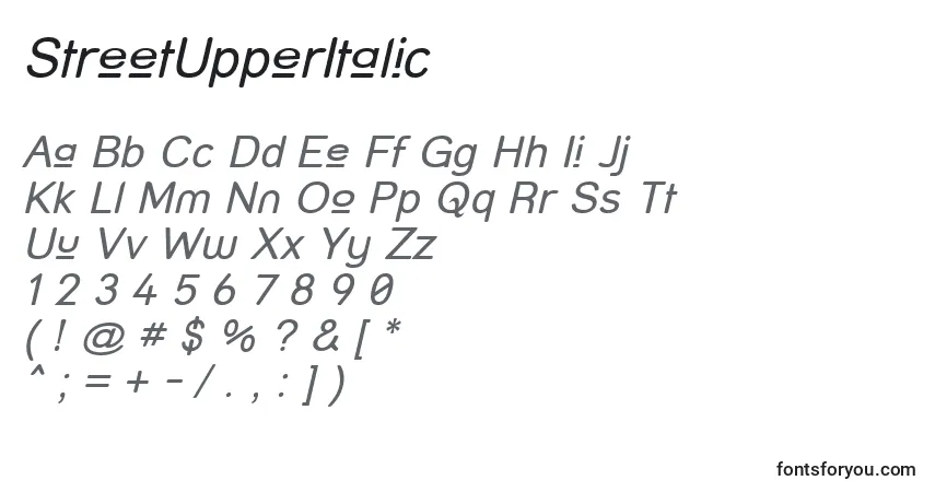 Czcionka StreetUpperItalic – alfabet, cyfry, specjalne znaki