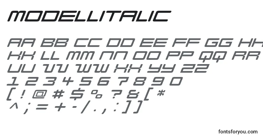 Шрифт ModellItalic – алфавит, цифры, специальные символы