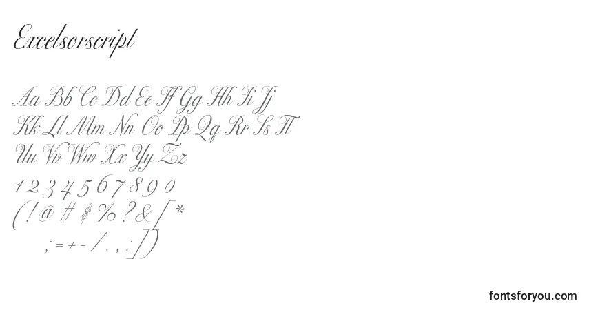 Czcionka Excelsorscript – alfabet, cyfry, specjalne znaki
