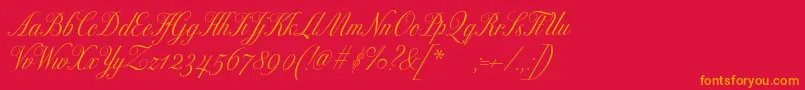 Excelsorscript-Schriftart – Orangefarbene Schriften auf rotem Hintergrund