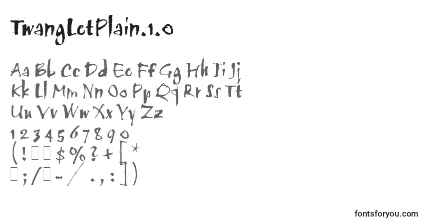A fonte TwangLetPlain.1.0 – alfabeto, números, caracteres especiais