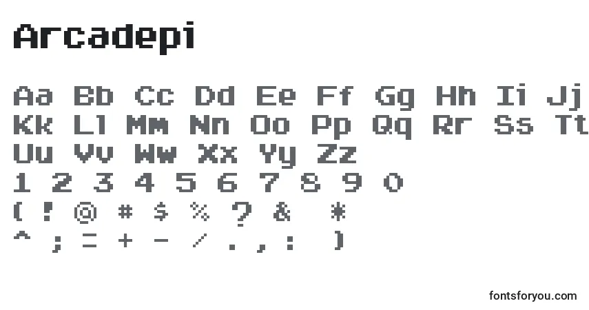 Czcionka Arcadepi – alfabet, cyfry, specjalne znaki
