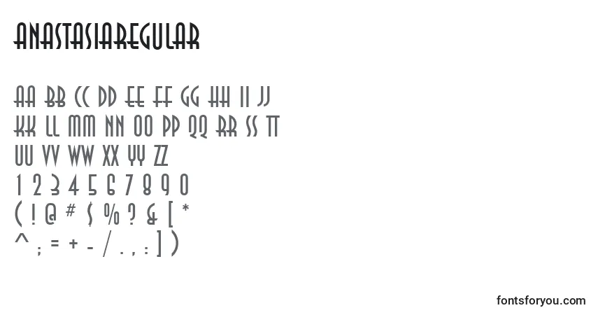 Czcionka AnastasiaRegular – alfabet, cyfry, specjalne znaki
