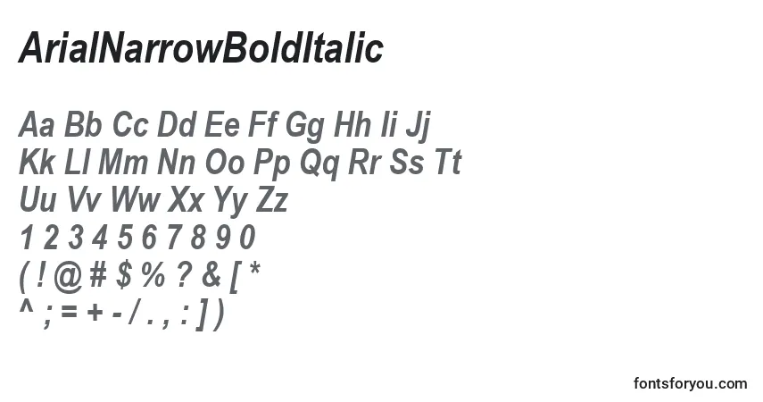 A fonte ArialNarrowBoldItalic – alfabeto, números, caracteres especiais
