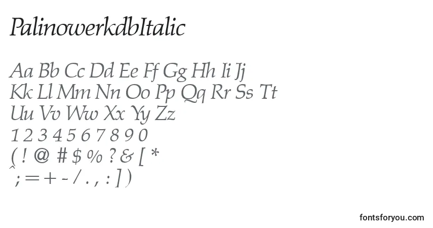 Шрифт PalinowerkdbItalic – алфавит, цифры, специальные символы