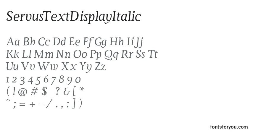 A fonte ServusTextDisplayItalic – alfabeto, números, caracteres especiais