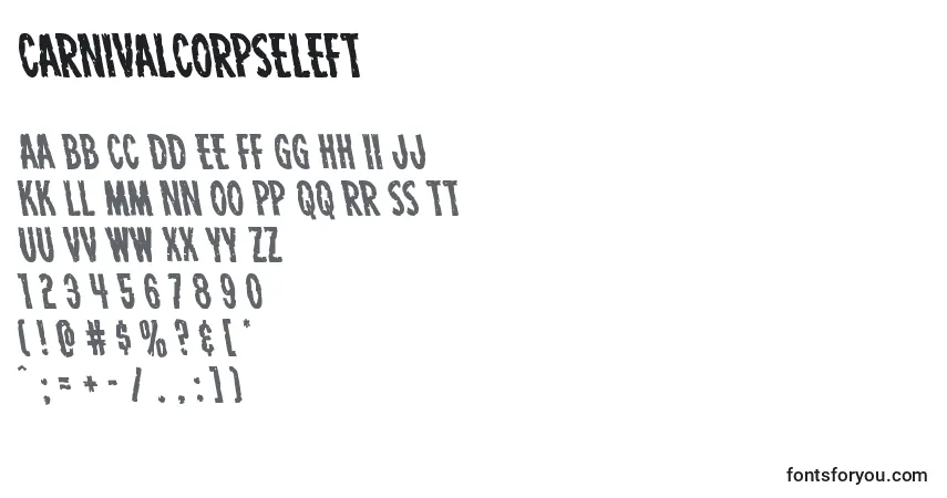 Czcionka Carnivalcorpseleft – alfabet, cyfry, specjalne znaki
