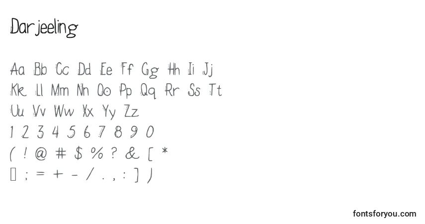 Czcionka Darjeeling – alfabet, cyfry, specjalne znaki