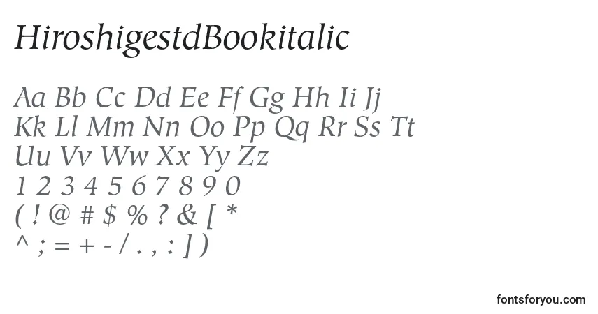 A fonte HiroshigestdBookitalic – alfabeto, números, caracteres especiais