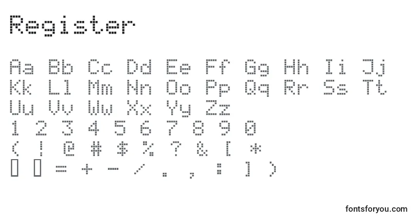 Czcionka Register – alfabet, cyfry, specjalne znaki