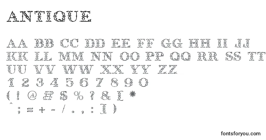 Czcionka Antique – alfabet, cyfry, specjalne znaki