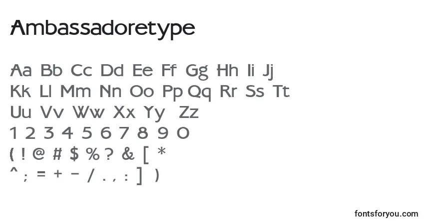 Czcionka Ambassadoretype – alfabet, cyfry, specjalne znaki