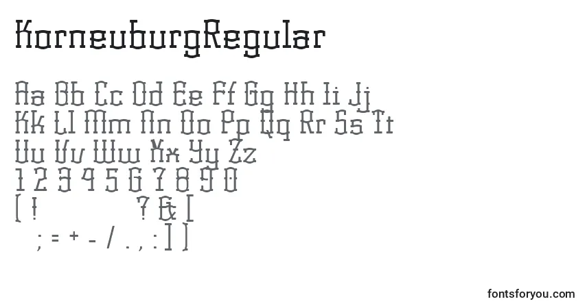 Czcionka KorneuburgRegular – alfabet, cyfry, specjalne znaki