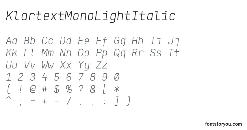 KlartextMonoLightItalic-fontti – aakkoset, numerot, erikoismerkit