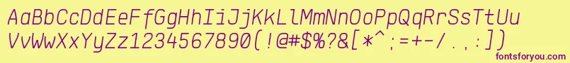 KlartextMonoLightItalic-fontti – violetit fontit keltaisella taustalla