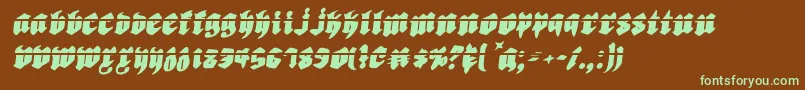 フォントBiergartenril – 緑色の文字が茶色の背景にあります。