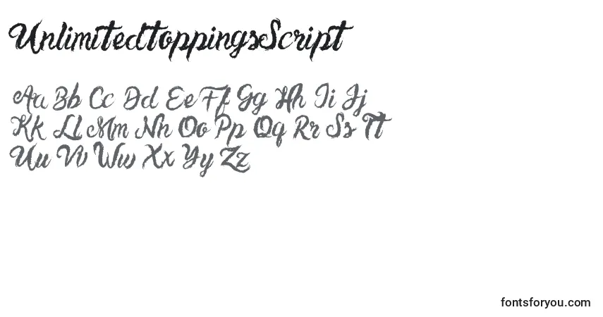 UnlimitedtoppingsScript-fontti – aakkoset, numerot, erikoismerkit