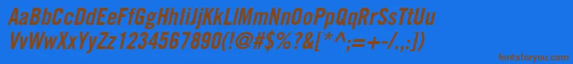 フォントCommerceCondensedSsiSemiBoldCondensedItalic – 茶色の文字が青い背景にあります。
