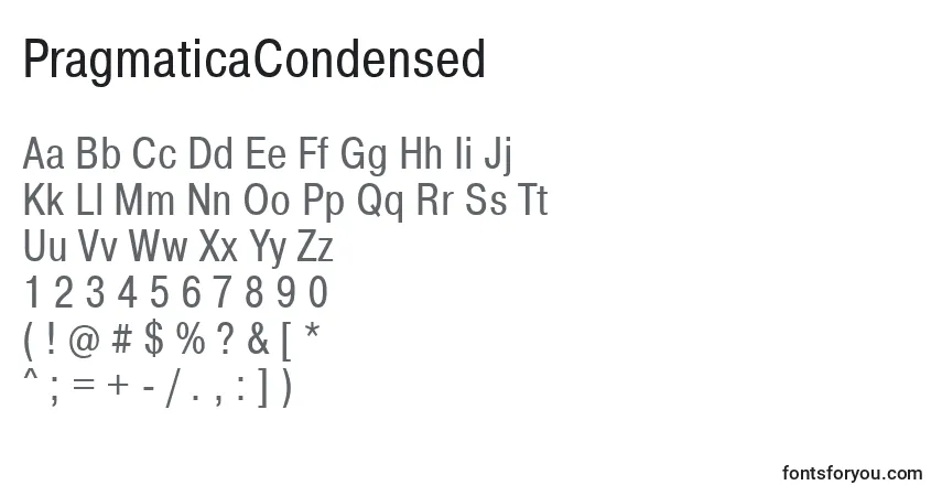 A fonte PragmaticaCondensed – alfabeto, números, caracteres especiais