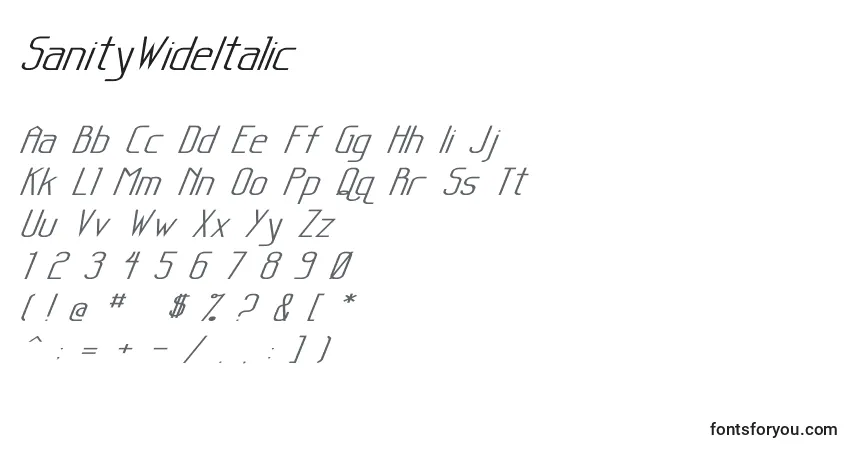 Schriftart SanityWideItalic – Alphabet, Zahlen, spezielle Symbole