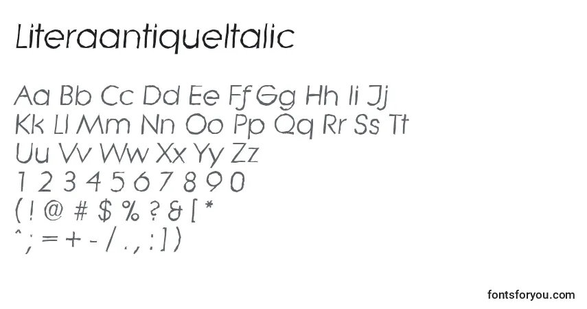 characters of literaantiqueitalic font, letter of literaantiqueitalic font, alphabet of  literaantiqueitalic font