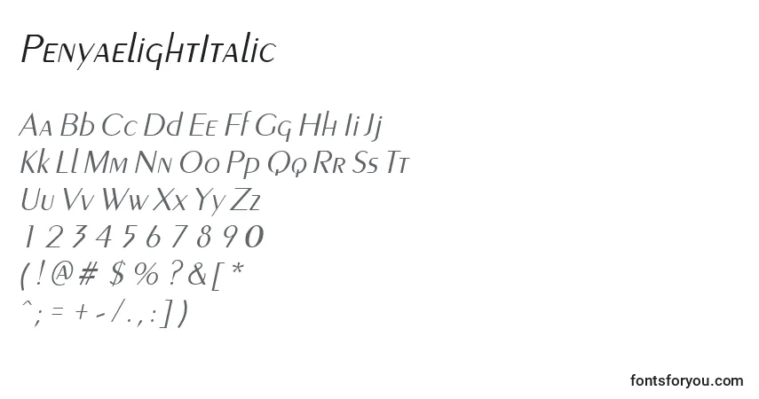 Czcionka PenyaelightItalic – alfabet, cyfry, specjalne znaki