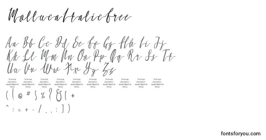 Шрифт MollucaItalicFree (112015) – алфавит, цифры, специальные символы
