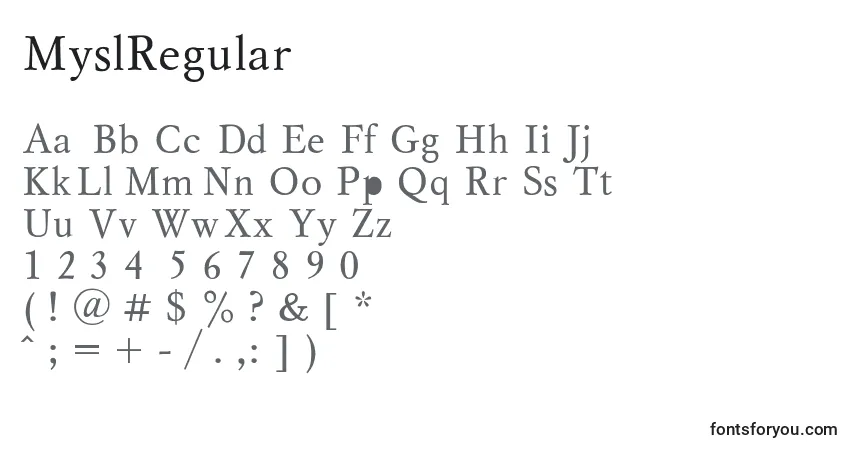 A fonte MyslRegular – alfabeto, números, caracteres especiais
