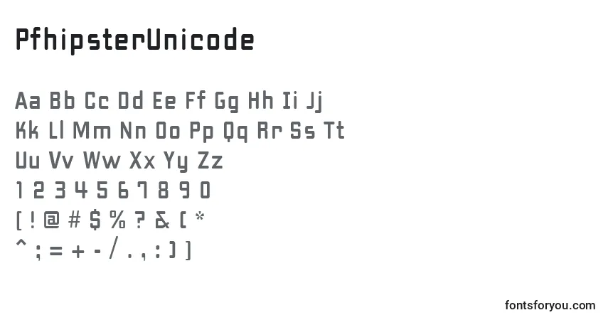 Czcionka PfhipsterUnicode – alfabet, cyfry, specjalne znaki