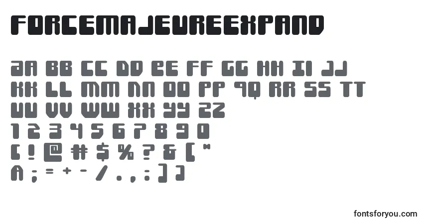 Czcionka Forcemajeureexpand – alfabet, cyfry, specjalne znaki