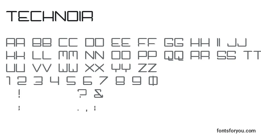 Czcionka Technoir – alfabet, cyfry, specjalne znaki