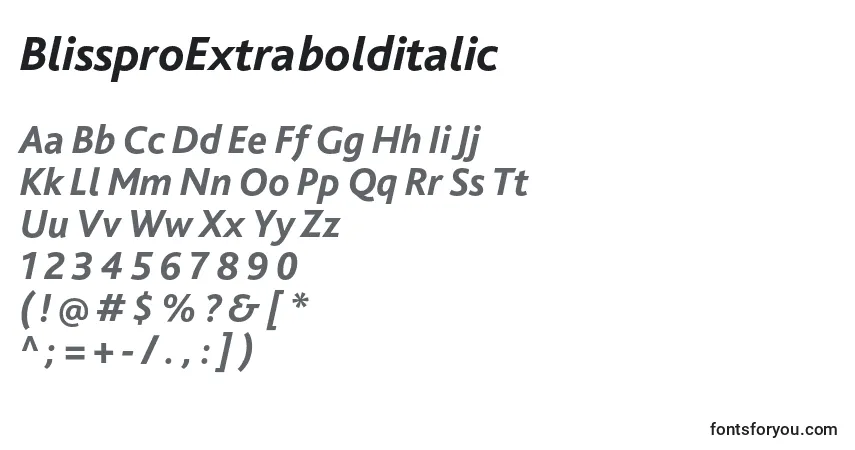 Schriftart BlissproExtrabolditalic – Alphabet, Zahlen, spezielle Symbole
