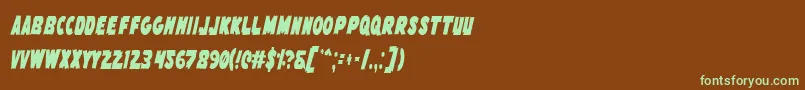 フォントFlyingLeatherneckCondensed – 緑色の文字が茶色の背景にあります。