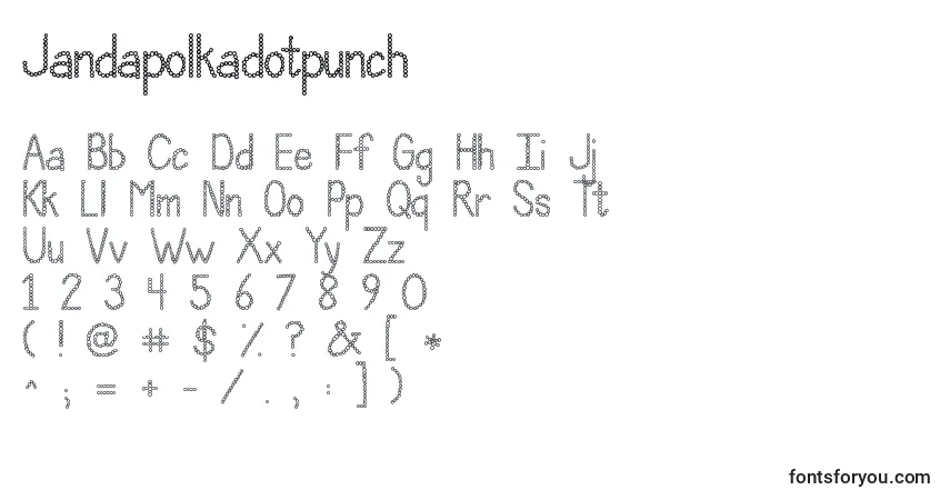 Czcionka Jandapolkadotpunch – alfabet, cyfry, specjalne znaki