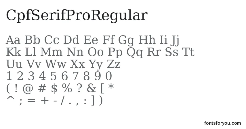 A fonte CpfSerifProRegular – alfabeto, números, caracteres especiais