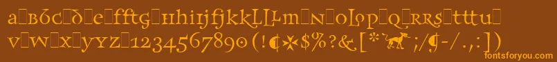 FrancesUncialLetPlain.1.0フォントについての詳細 フォントFrancesUncialLetPlain.1.0 – オレンジ色の文字が茶色の背景にあります。