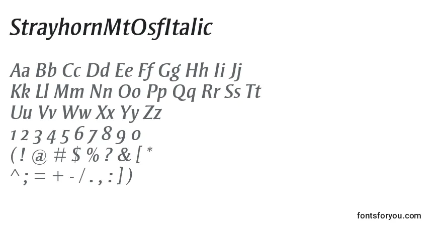 Шрифт StrayhornMtOsfItalic – алфавит, цифры, специальные символы
