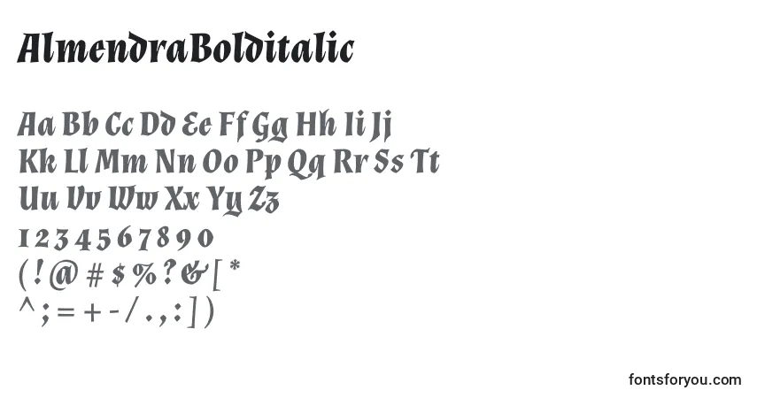 Шрифт AlmendraBolditalic – алфавит, цифры, специальные символы