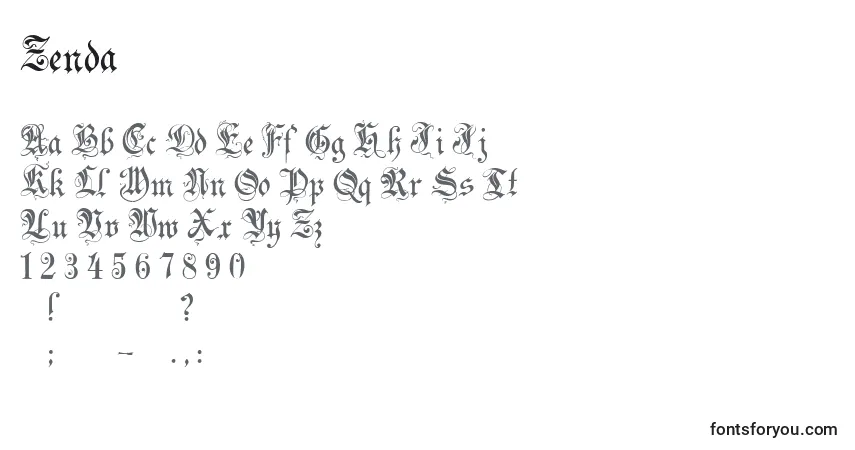 Schriftart Zenda – Alphabet, Zahlen, spezielle Symbole