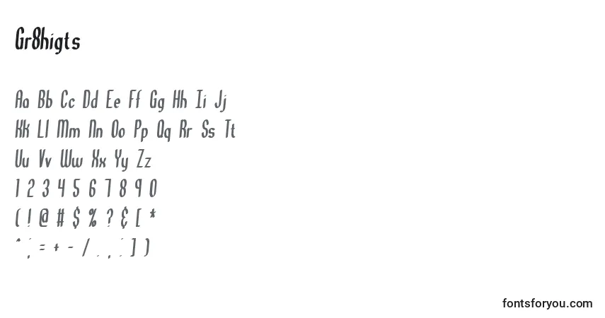 Czcionka Gr8higts – alfabet, cyfry, specjalne znaki