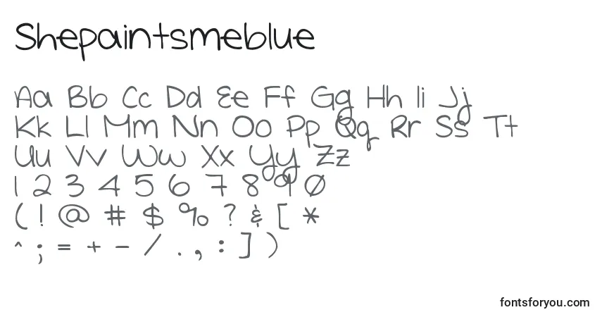 Shepaintsmeblue Font – alphabet, numbers, special characters