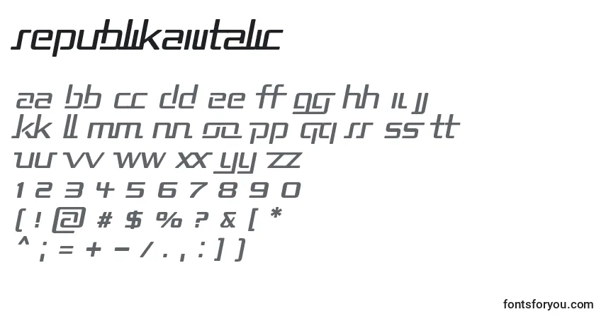 Czcionka RepublikaIiItalic – alfabet, cyfry, specjalne znaki