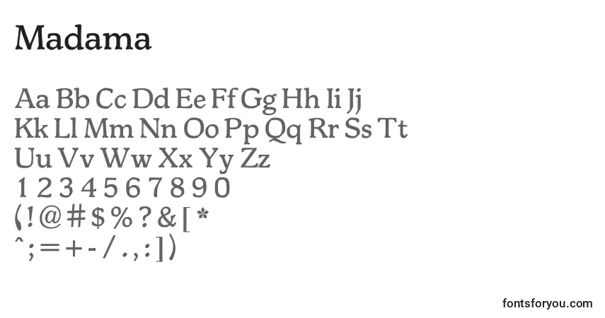 Czcionka Madama – alfabet, cyfry, specjalne znaki
