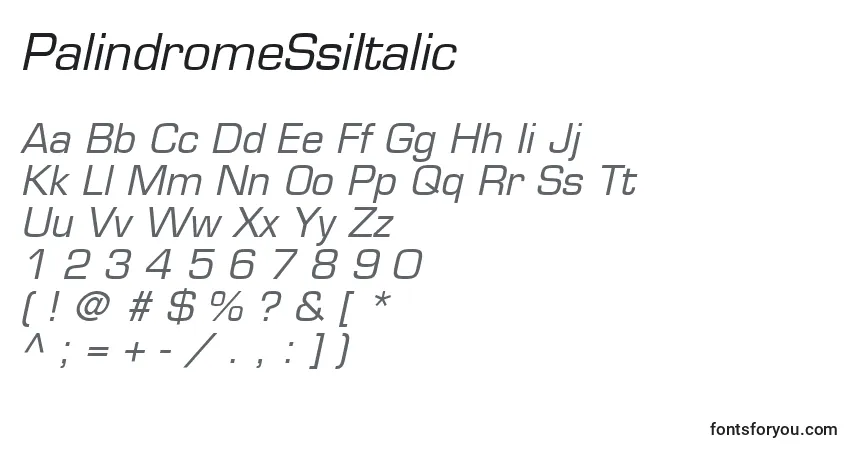 A fonte PalindromeSsiItalic – alfabeto, números, caracteres especiais