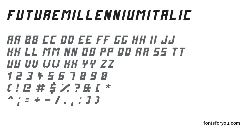 Шрифт FuturemillenniumItalic – алфавит, цифры, специальные символы