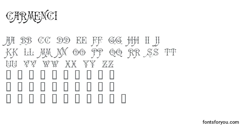 A fonte Carmenci – alfabeto, números, caracteres especiais
