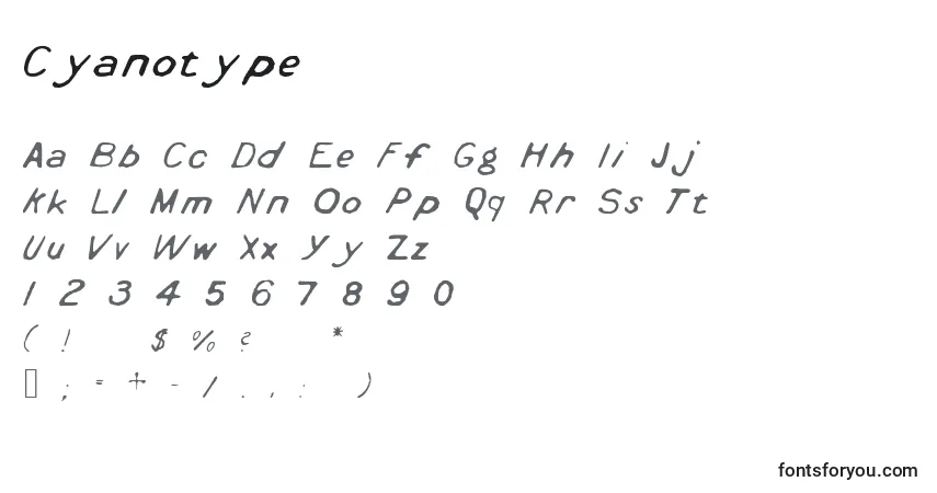 Schriftart Cyanotype – Alphabet, Zahlen, spezielle Symbole