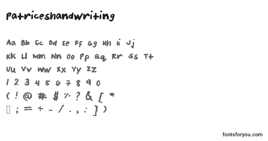 A fonte Patriceshandwriting – alfabeto, números, caracteres especiais